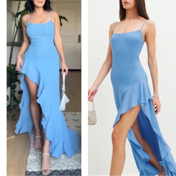 Reformation Winola Ruffle High Slit Azure Blue Maxi Dress Size XL - Picture 2 of 9